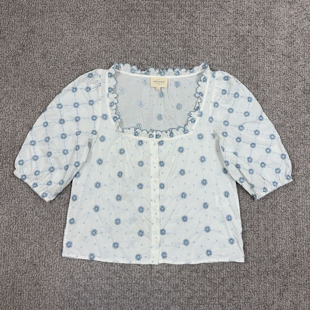 Sezane Top Womens 2 White Blue Floral Puff Sleeve Ruffle Blouse Boho Cottage